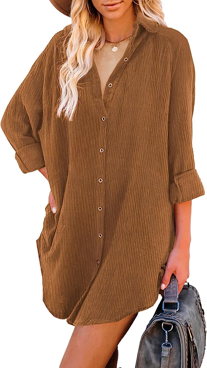 251030114923861_1 Astylish Women Casual Long Sleeve Button Down Oversized Corduroy Shirt Dress with Pocket - Image 1